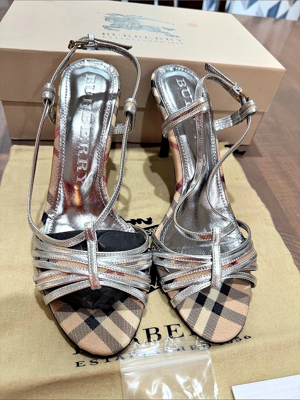 Burberry Strappy Checkered Heels in Silver & Brown  New
